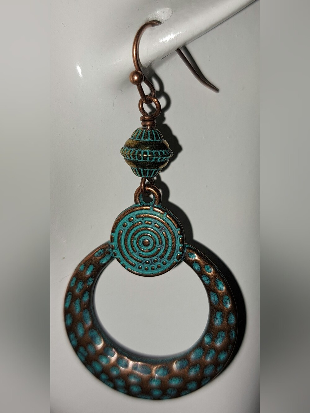 Boho Turquoise Patina Hammered Texture Copper Hoop Drop Earrings